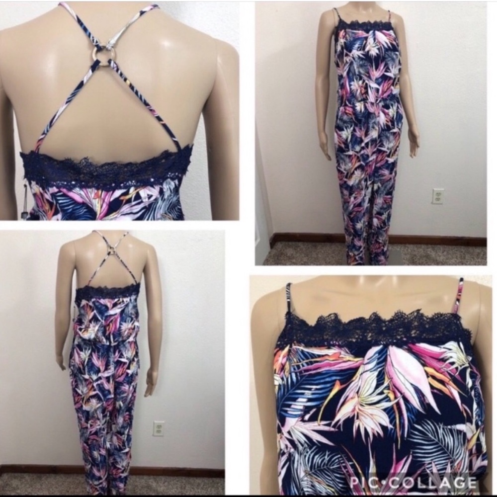 Laundry by Shelli Segal Midnight Navy Tropical Lace-Trim Jumpsuit - Picture 2 of 5